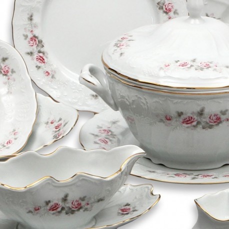 BERNADOTTE šedo-ružový kvet + zlatá linka obedová súprava 26 D