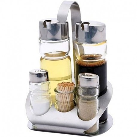 Koreničky nerezové, satinované - soľ, korenie, olej, ocot, špáradlá