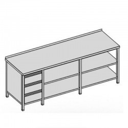 Prac. stôl s 3-zásuv. a 2-polic. bočný dlhý, hl. 600-700-800 mm, šír 2400 - 28000 mm