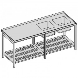 Umýv. stôl, 2 drezy a perf. polica dl., hl 600 - 800 mm, šír 2000 - 2800 mm