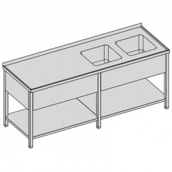 Umýv. stôl s 2 drezmi, policou a kryt. dl., hl 600 - 800 mm, šír 2000 - 2800 mm