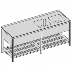 Umýv. stôl s 2 drez., perf. policou a kryt. dlhý, hl 600 - 800 mm, šír 2000 - 2800 mm
