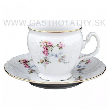 Bernadotte šálky s podšálkami 160/6 Jem. ruž. kvety + zlatá lin. 12D