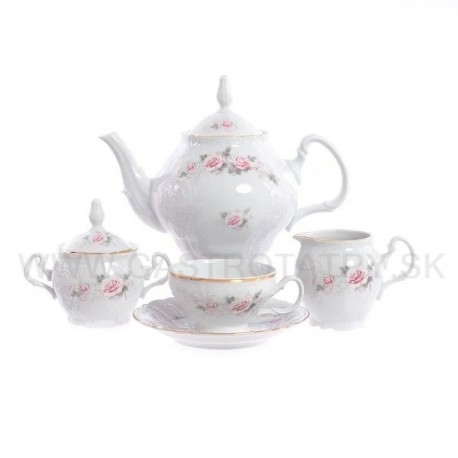 Šedo-ružový kvet + zlatá linka čajová súprava 17 D