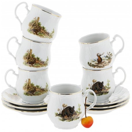 Hrnček JONÁŠ sada 12 ks s podšálkou Bernadotte Poľovnícka + zl. linka