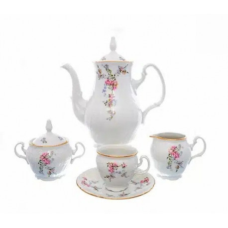 Jemné ružové kvety + zlatá linka biela 17 D čajová súprava