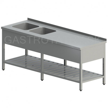 Umývací stôl s dvomi drezmi s roštom a krytom dlhý