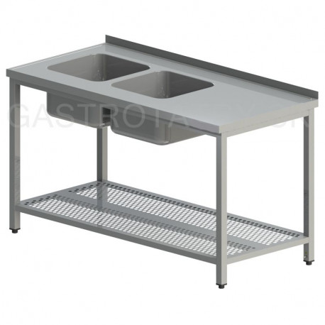 Umývací stôl s dvomi drezmi s perforovanou policou 