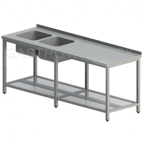 Umývací stôl s dvomi drezmi s perforovanou policou dlhý