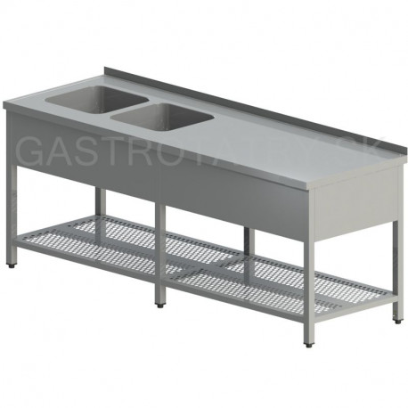 Umývací stôl s dvomi drezmi s perforovanou policou a krytom dlhý 